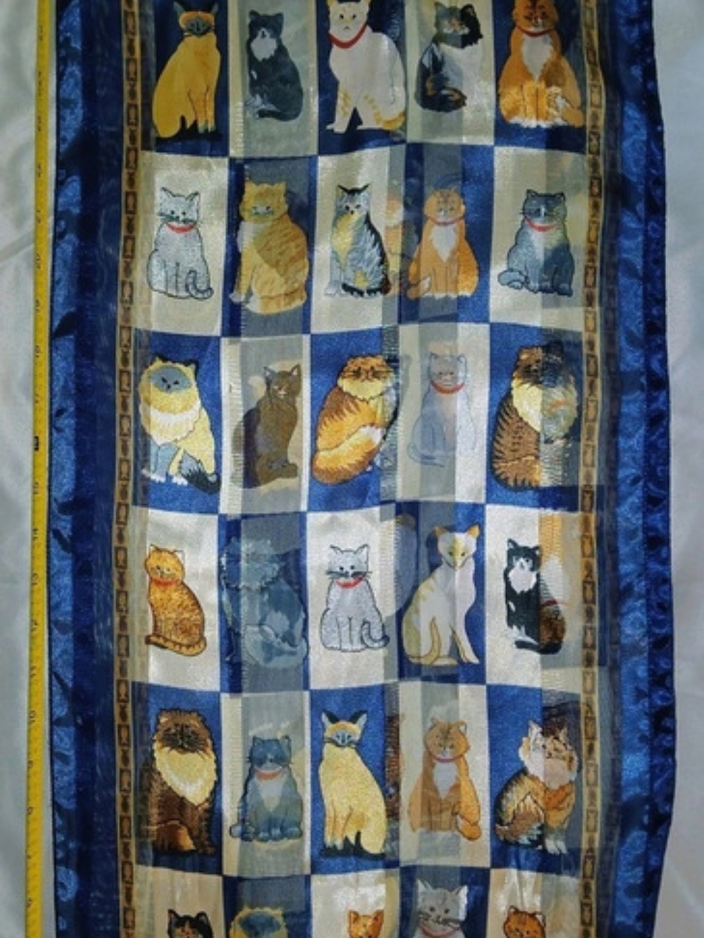 Cat Print Scarf in Blue & Gold 62" x 13"